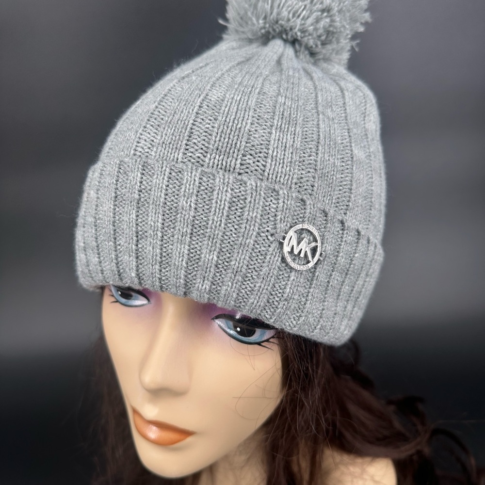 MICHAEL Michael Kors Light Gray Knit Beanie with Pom Pom
